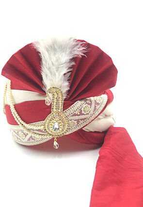 Embroidered Polyester Turban in Maroon and Off White