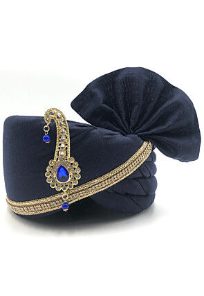 Embroidered Polyester Turban in Navy Blue