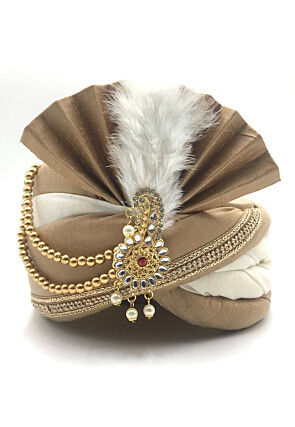 Embroidered Polyester Turban in Off White and Beige