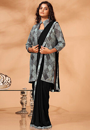 Embroidered Pre-Stitched Lycra (Elastane) Saree in Black