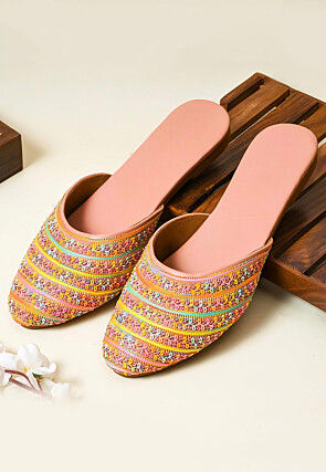 Embroidered PU Leather Women Mules in Multicolor and Peach