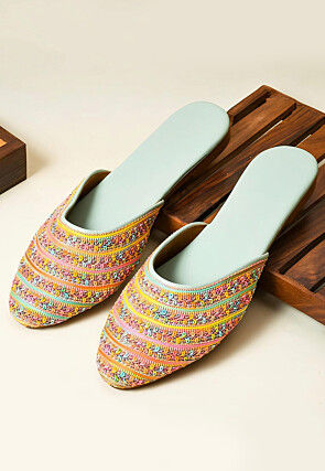 Embroidered PU Leather Women Mules in Multicolor and Pista Green