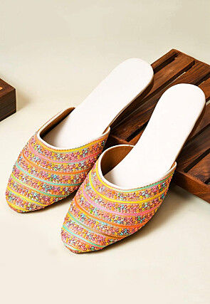 Embroidered PU Leather Women Mules in Multicolor and White