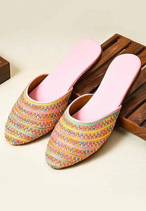 Embroidered PU Leather Women Mules in Multicolour and Pink