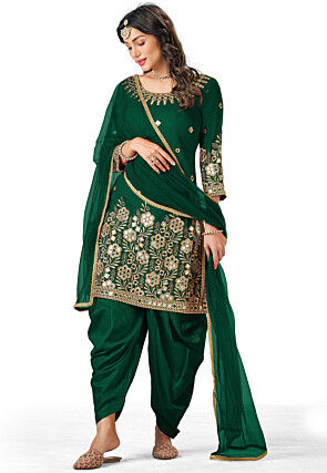 Embroidered Art Silk Punjabi Suit in Dark Green