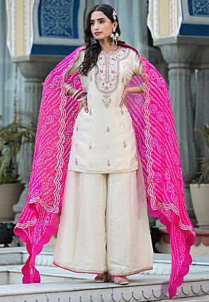 Embroidered Pure Banarasi Silk Pakistani Suit in Off White