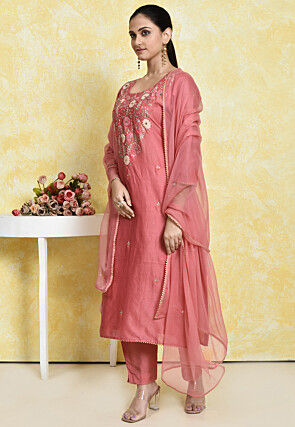 Embroidered Pure Chanderi Cotton Pakistani Suit in Peach