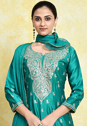Embroidered Pure Chanderi Cotton Pakistani Suit in Teal Green