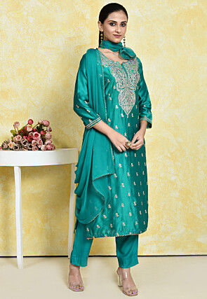 Embroidered Pure Chanderi Cotton Pakistani Suit in Teal Green