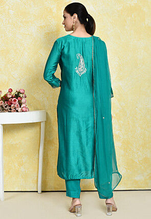 Embroidered Pure Chanderi Cotton Pakistani Suit in Teal Green
