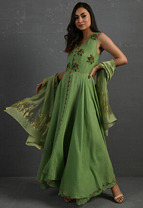 Embroidered Pure Chanderi Silk Abaya Style Suit in Green