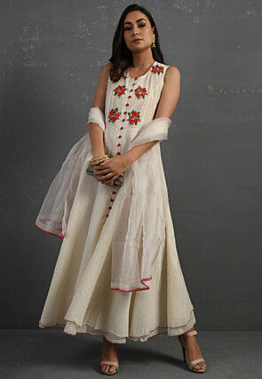 Embroidered Pure Chanderi Silk Abaya Style Suit in Off WHITE