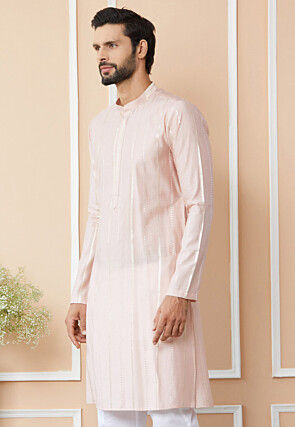 Embroidered Pure Chanderi Silk Kurta in Baby Pink