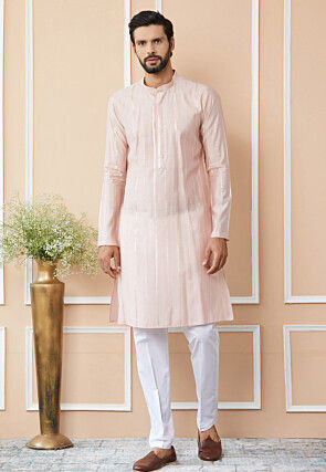 Embroidered Pure Chanderi Silk Kurta in Baby Pink