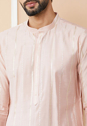 Embroidered Pure Chanderi Silk Kurta in Baby Pink