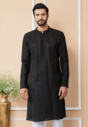 Embroidered Pure Chanderi Silk Kurta in Black