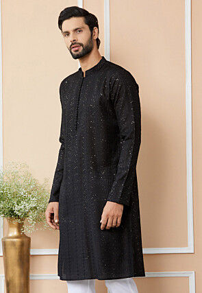 Embroidered Pure Chanderi Silk Kurta in Black