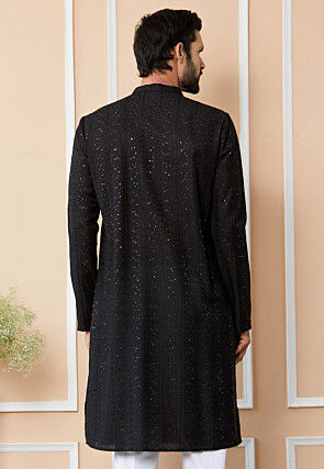 Embroidered Pure Chanderi Silk Kurta in Black