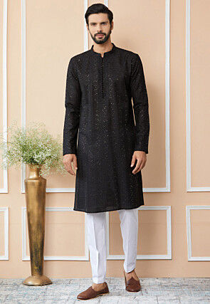 Embroidered Pure Chanderi Silk Kurta in Black