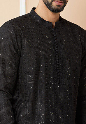 Embroidered Pure Chanderi Silk Kurta in Black