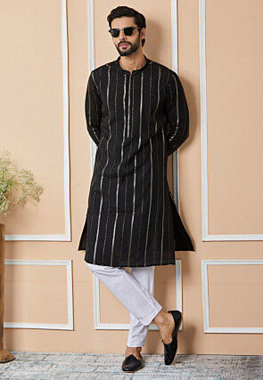 Embroidered Pure Chanderi Silk Kurta Set in Black