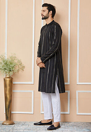 Embroidered Pure Chanderi Silk Kurta Set in Black