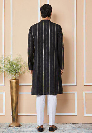 Embroidered Pure Chanderi Silk Kurta Set in Black