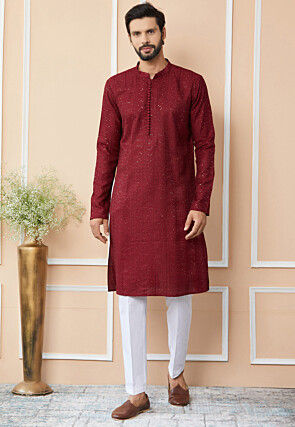 Embroidered Pure Chanderi Silk Kurta Set in Maroon
