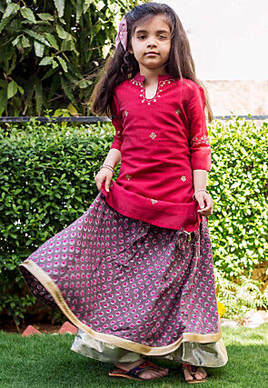 Embroidered Pure Chanderi Silk Kurta Skirt Set in Maroon
