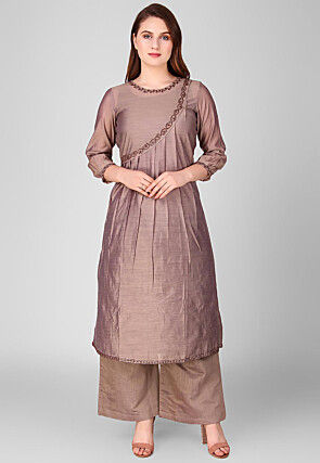 Embroidered Pure Chanderi Silk Pakistani Suit in Brown