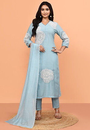 Embroidered Pure Chanderi Silk Pakistani Suit in Light Blue