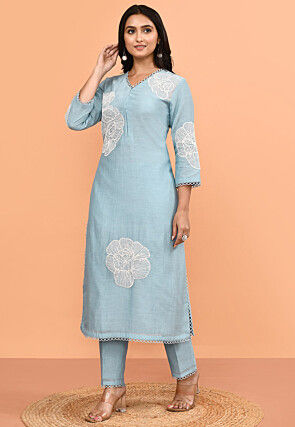 Embroidered Pure Chanderi Silk Pakistani Suit in Light Blue