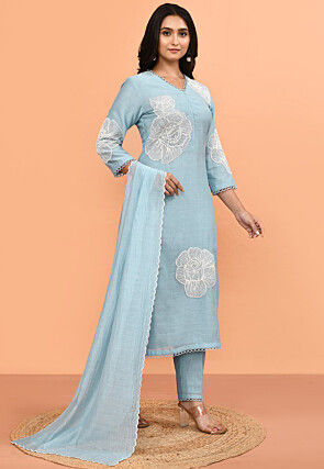 Embroidered Pure Chanderi Silk Pakistani Suit in Light Blue