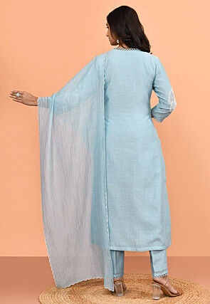 Embroidered Pure Chanderi Silk Pakistani Suit in Light Blue