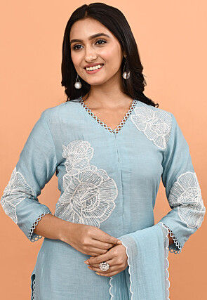 Embroidered Pure Chanderi Silk Pakistani Suit in Light Blue