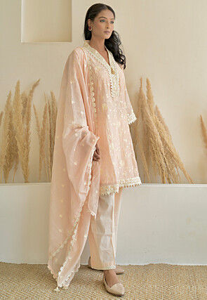 Embroidered Pure Chanderi Silk Pakistani Suit in Light Peach
