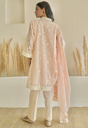 Embroidered Pure Chanderi Silk Pakistani Suit in Light Peach