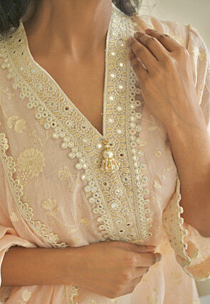 Embroidered Pure Chanderi Silk Pakistani Suit in Light Peach