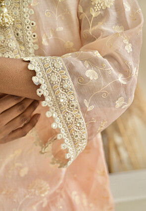 Embroidered Pure Chanderi Silk Pakistani Suit in Light Peach