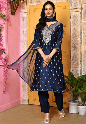 Embroidered Pure Chanderi Silk Pakistani Suit in Navy Blue