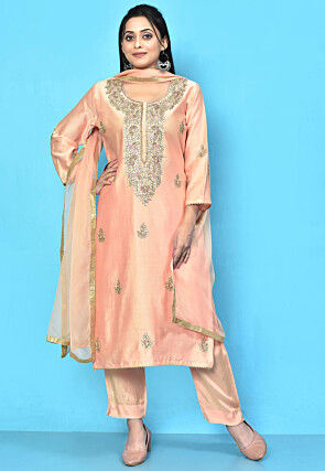 Embroidered Pure Chanderi Silk Pakistani Suit in Peach