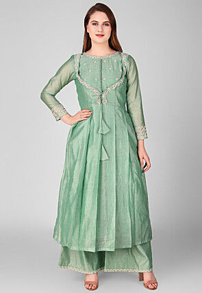 Embroidered Pure Chanderi Silk Pakistani Suit in Sea Green