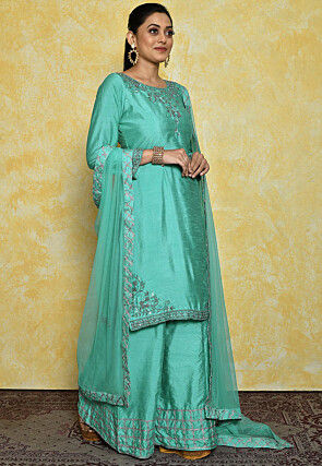 Embroidered Pure Chanderi Silk Pakistani Suit in Sea Green