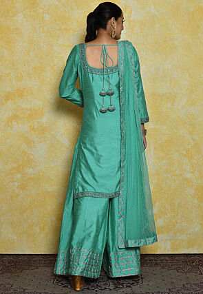 Embroidered Pure Chanderi Silk Pakistani Suit in Sea Green