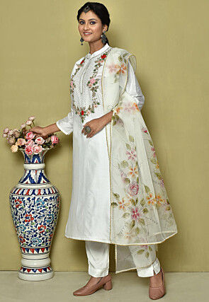 Embroidered Pure Chanderi Silk Pakistani Suit in White
