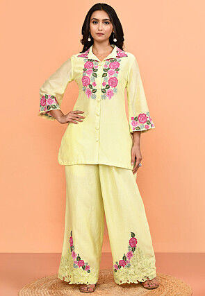 Embroidered Pure Chanderi Silk Tunic Set in Light Yellow