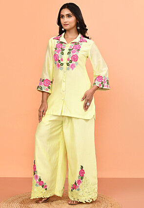 Embroidered Pure Chanderi Silk Tunic Set in Light Yellow