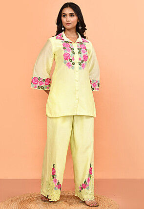 Embroidered Pure Chanderi Silk Tunic Set in Light Yellow