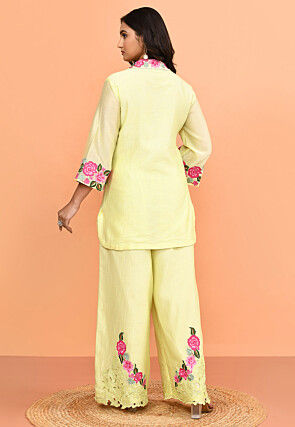 Embroidered Pure Chanderi Silk Tunic Set in Light Yellow