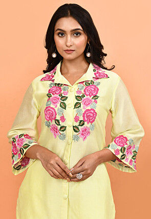 Embroidered Pure Chanderi Silk Tunic Set in Light Yellow